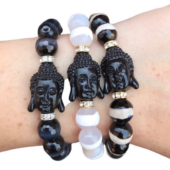 Striped Agate Buddha Beaded stretch Bracelet - Picture 3 of 12